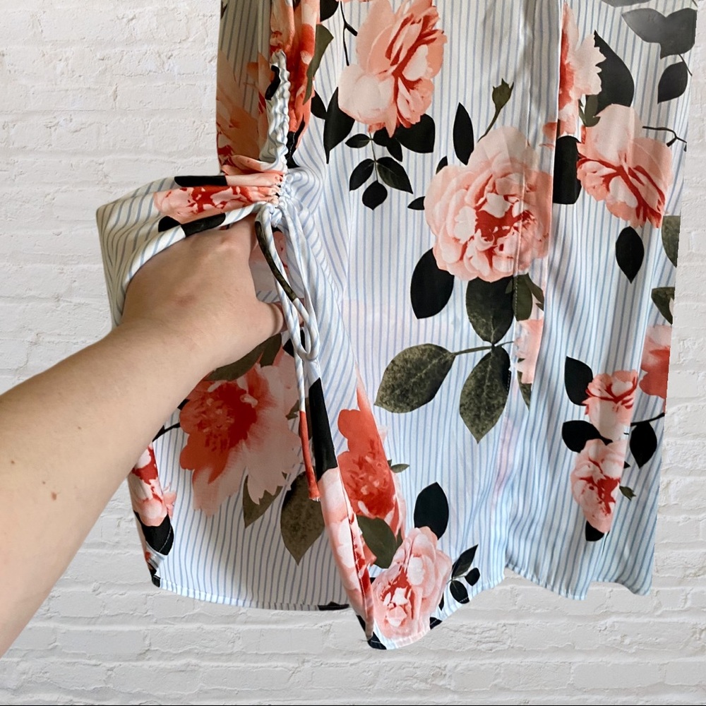 INC INTERNATIONAL STRIPED FLORAL ADJUSTABLE SIDE SLIT BLOUSE - Picture 2 of 11